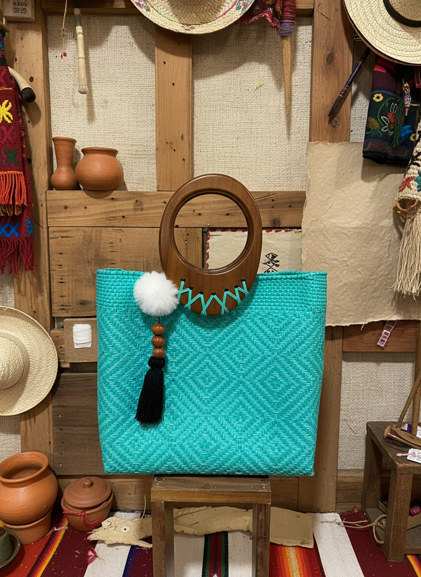 Bolso Oaxaqueño Grande 100% Artesanal tegido de plástico con asa de madera fina.
