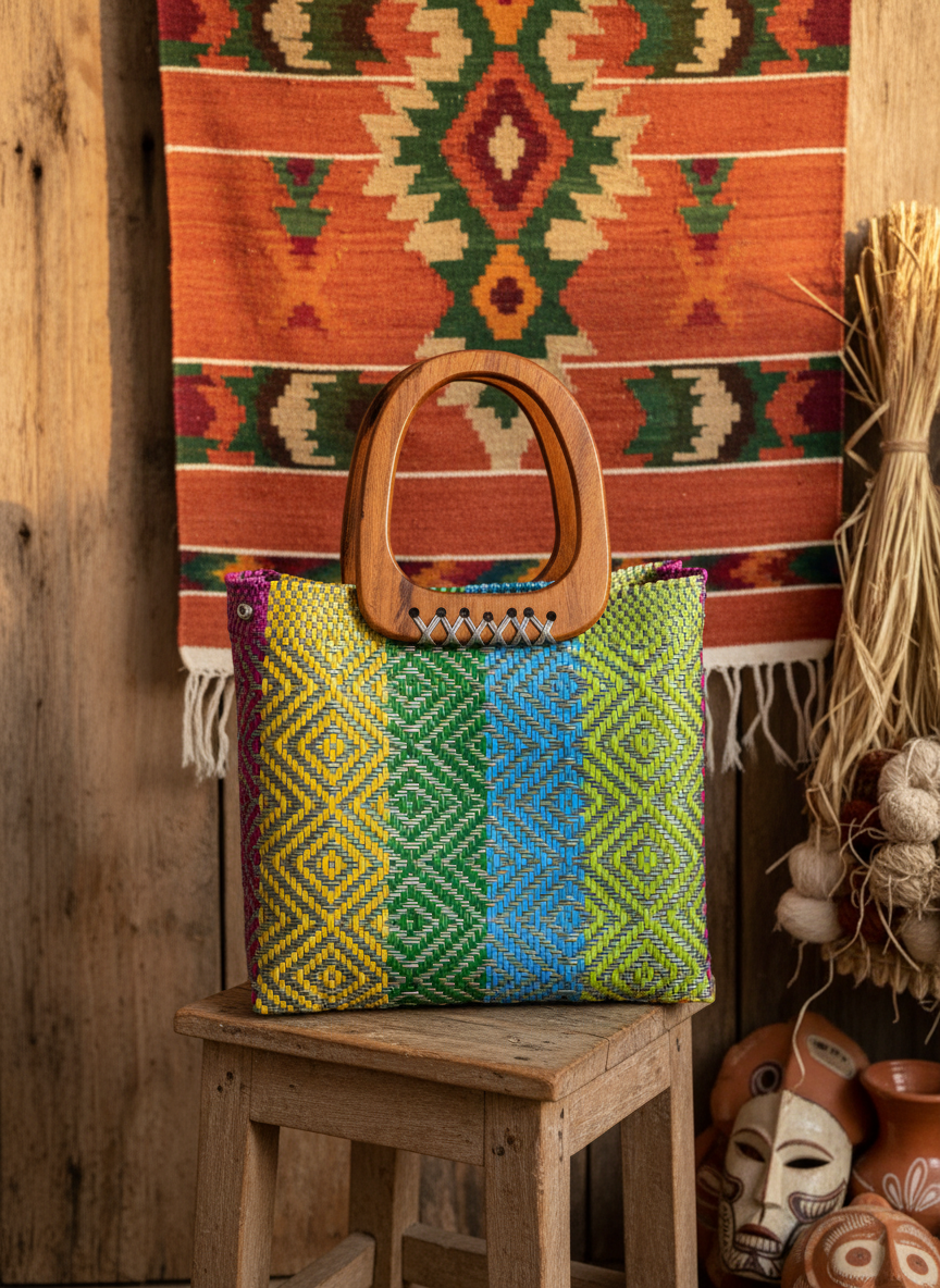 Bolso oaxaqueño 100% artesanal, grande, tejido a mano con hilo de plástico y asa de madera fina.