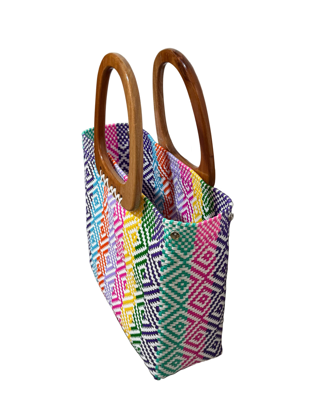 Bolso 100% oaxaqueño artesanal tejido a mano con hilo de plástico, con asa de madera fina. Talla grande.