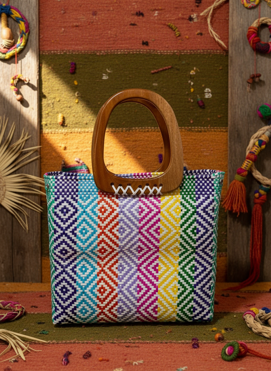 Bolso 100% oaxaqueño artesanal tejido a mano con hilo de plástico, con asa de madera fina. Talla grande.