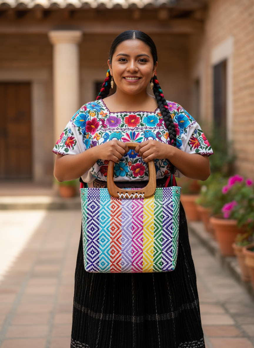 Bolso 100% oaxaqueño artesanal tejido a mano con hilo de plástico, con asa de madera fina. Talla grande.