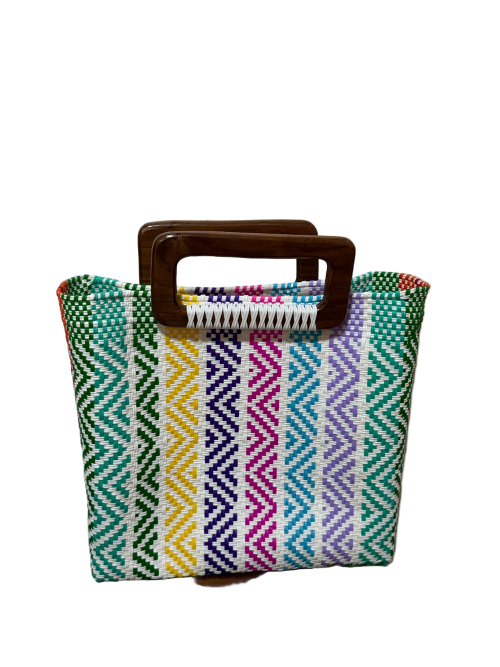 Bolso 100% oaxaqueño artesanal tejido a mano con hilo de plástico, con asa de madera fina. Talla grande.