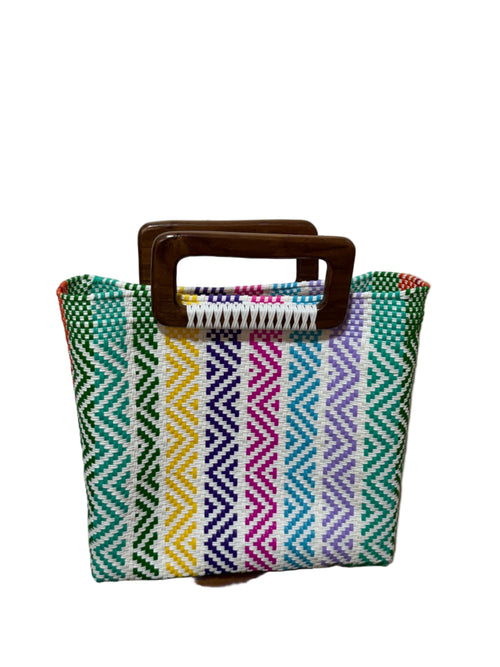 Bolso 100% oaxaqueño artesanal tejido a mano con hilo de plástico, con asa de madera fina. Talla grande.