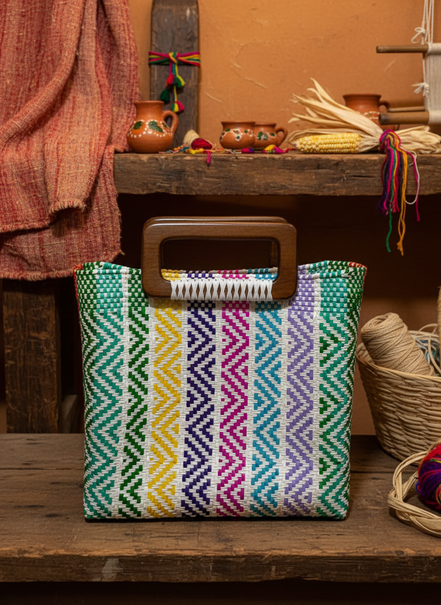 Bolso 100% oaxaqueño artesanal tejido a mano con hilo de plástico, con asa de madera fina. Talla grande.
