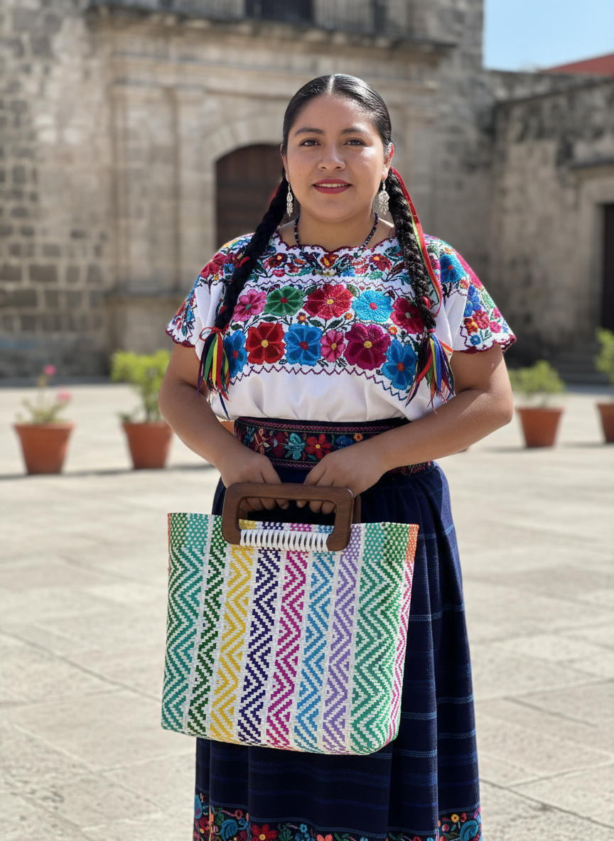 Bolso 100% oaxaqueño artesanal tejido a mano con hilo de plástico, con asa de madera fina. Talla grande.