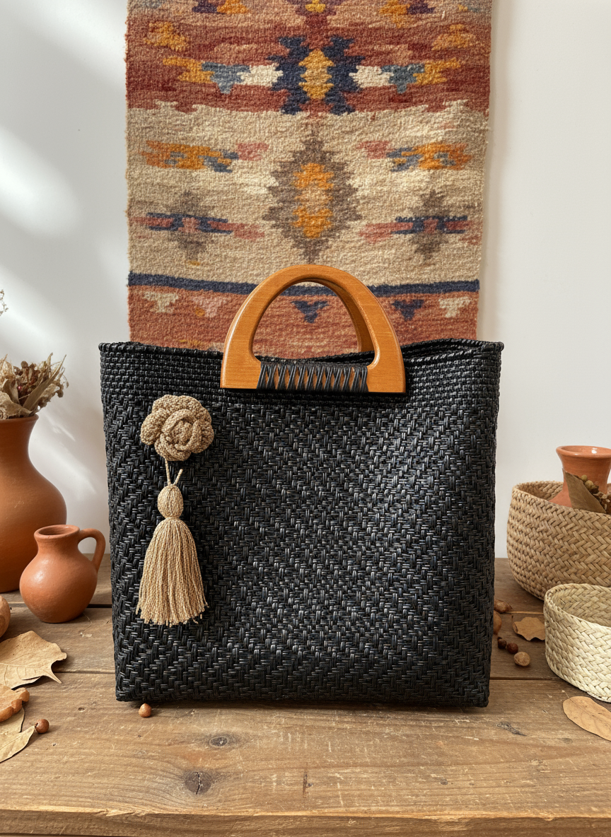 Bolso Artesanal 100% Oaxaqueño grande, tejido a mano con asa de madera fina.