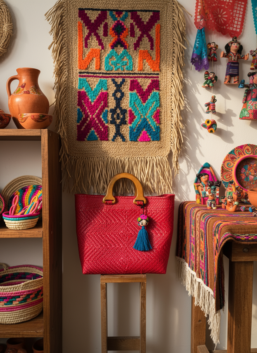 Bolso Artesanal talla L. 100% oaxaqueño tejido a mano, con asa de madera fina.