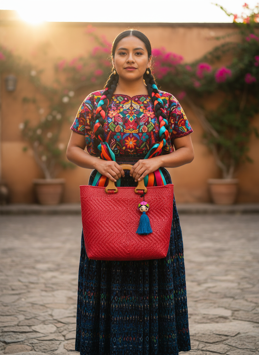 Bolso Artesanal talla L. 100% oaxaqueño tejido a mano, con asa de madera fina.