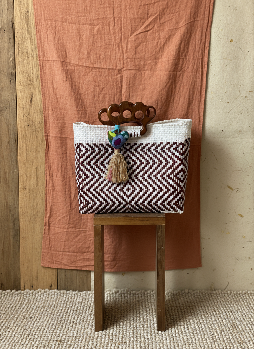 Bolsa artesanal 100% oaxaqueña chica tejida a mano con hilo reciclado y asa de madera fina.