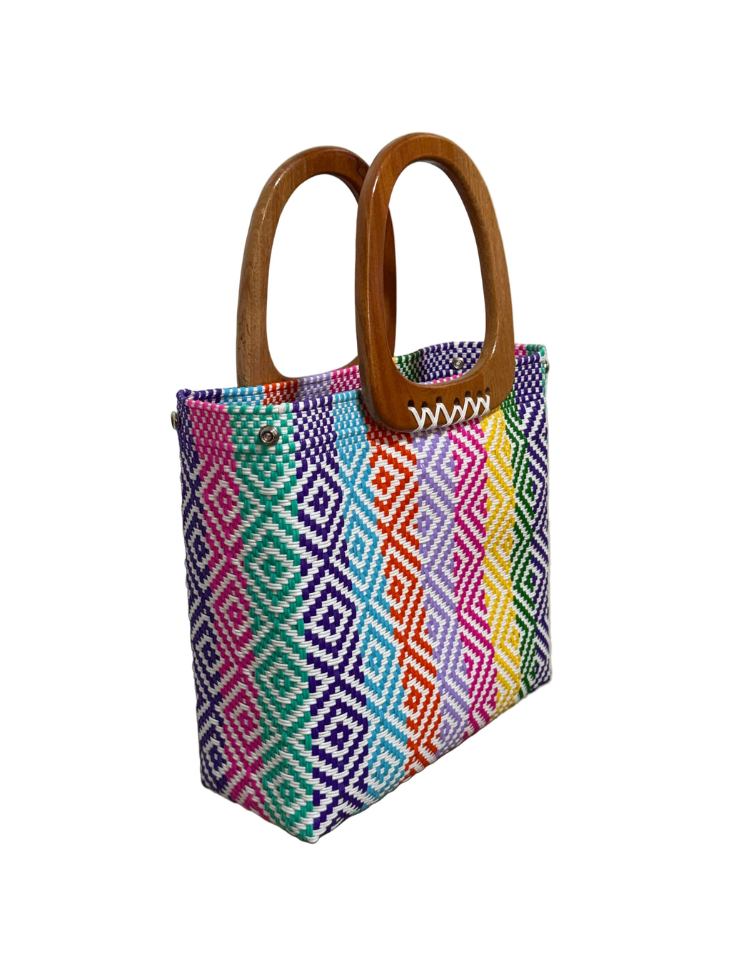 Bolso 100% oaxaqueño artesanal tejido a mano con hilo de plástico, con asa de madera fina. Talla grande.