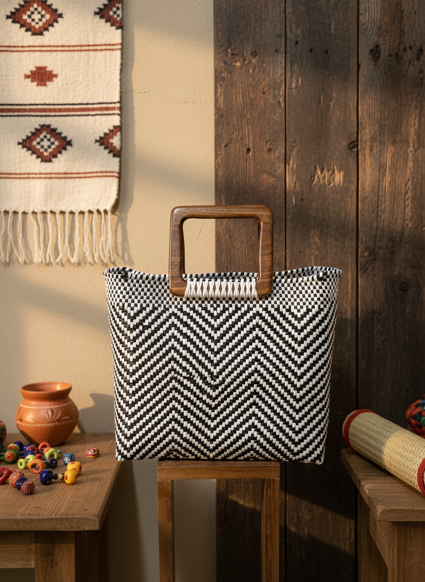 Bolso artesanal 100% oaxaqueño, tejido a mano con hilo de plástico reciclado y asa de madera fina.