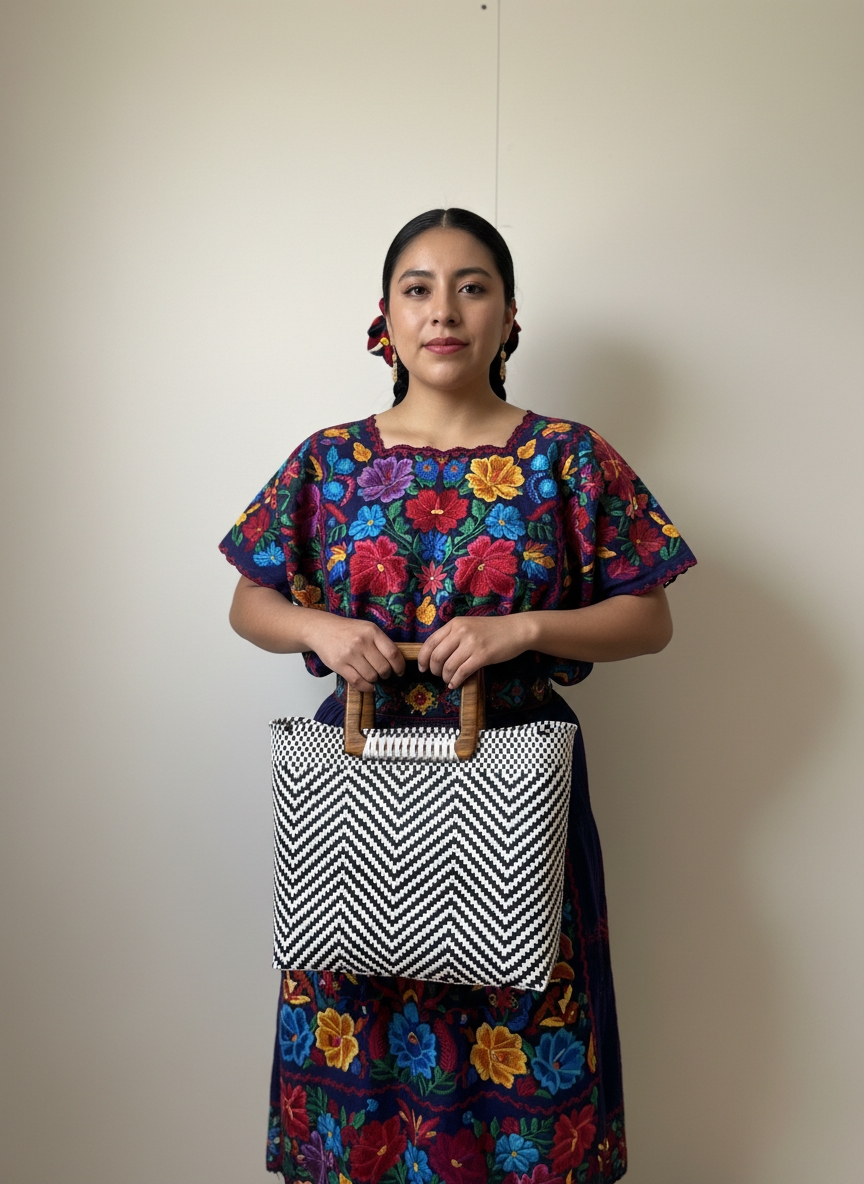 Bolso artesanal 100% oaxaqueño, tejido a mano con hilo de plástico reciclado y asa de madera fina.