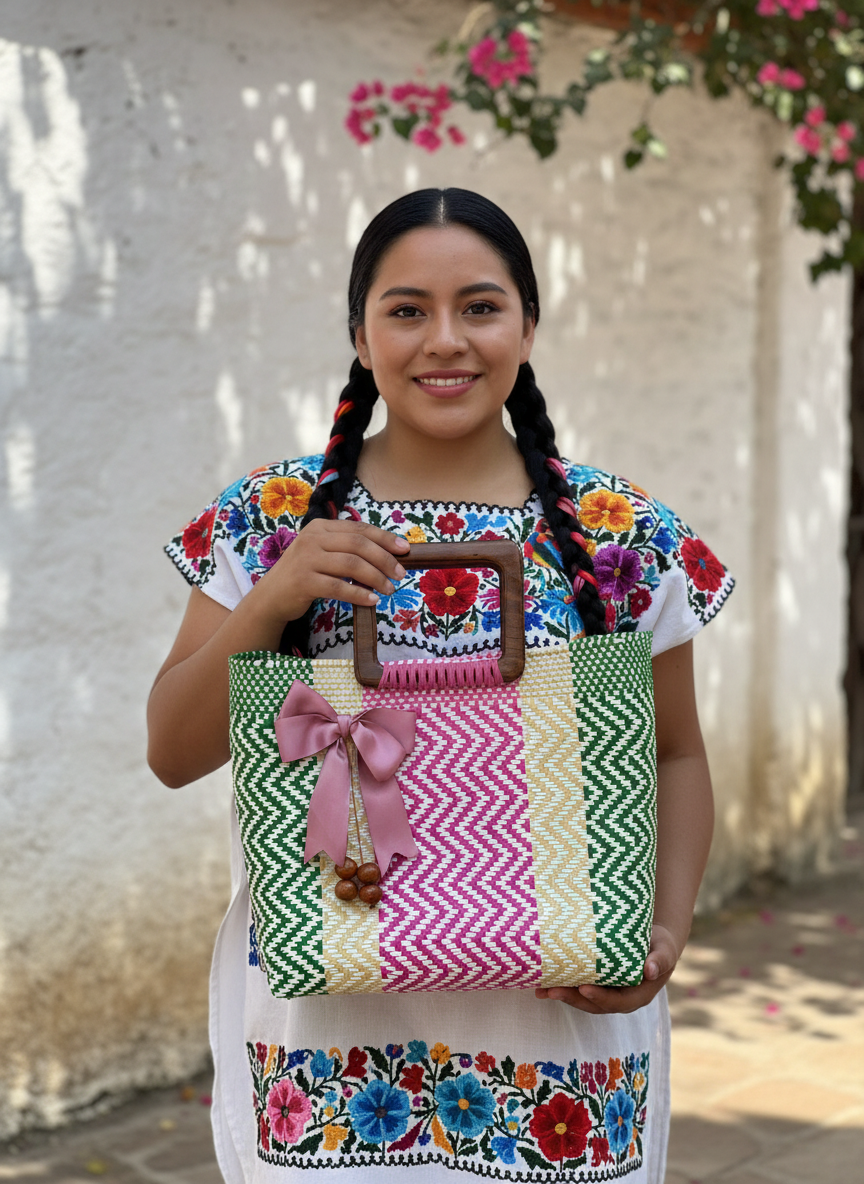 Bolso oaxaqueño 100% artesanal, tejido a mano con hilo reciclado y asa de madera fina.