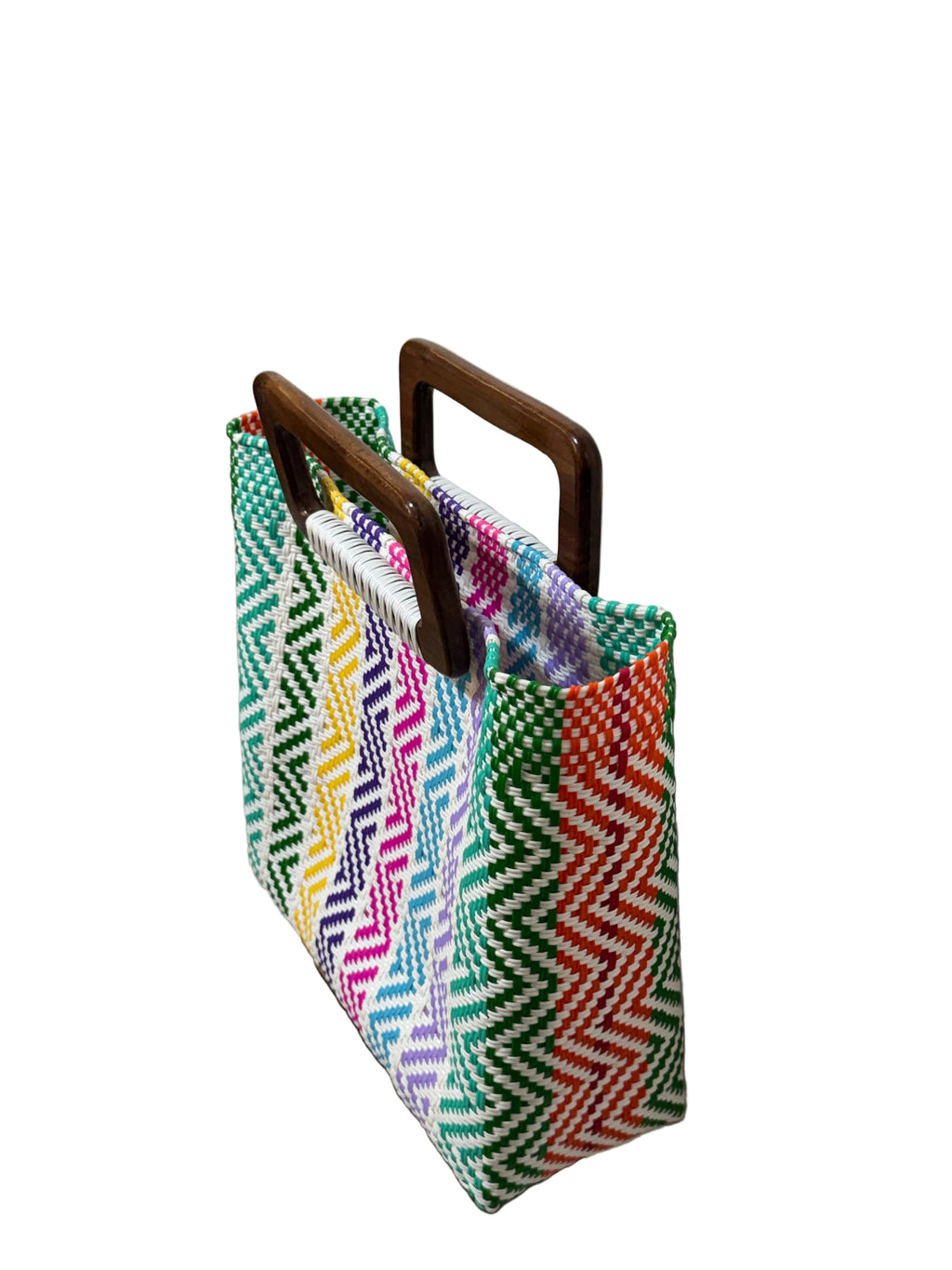 Bolso 100% oaxaqueño artesanal tejido a mano con hilo de plástico, con asa de madera fina. Talla grande.