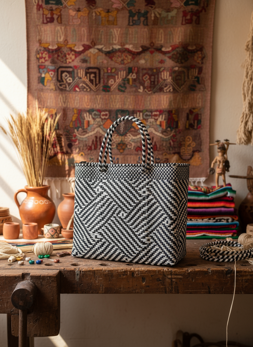 Bolso mediano 100% artesanal Oaxaqueño tejido a mano con plástico reciclado.