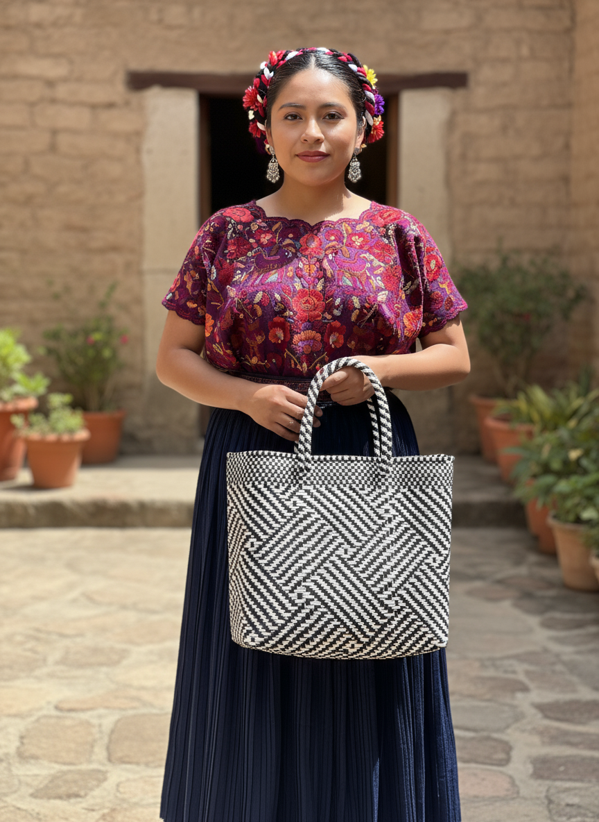 Bolso mediano 100% artesanal Oaxaqueño tejido a mano con plástico reciclado.