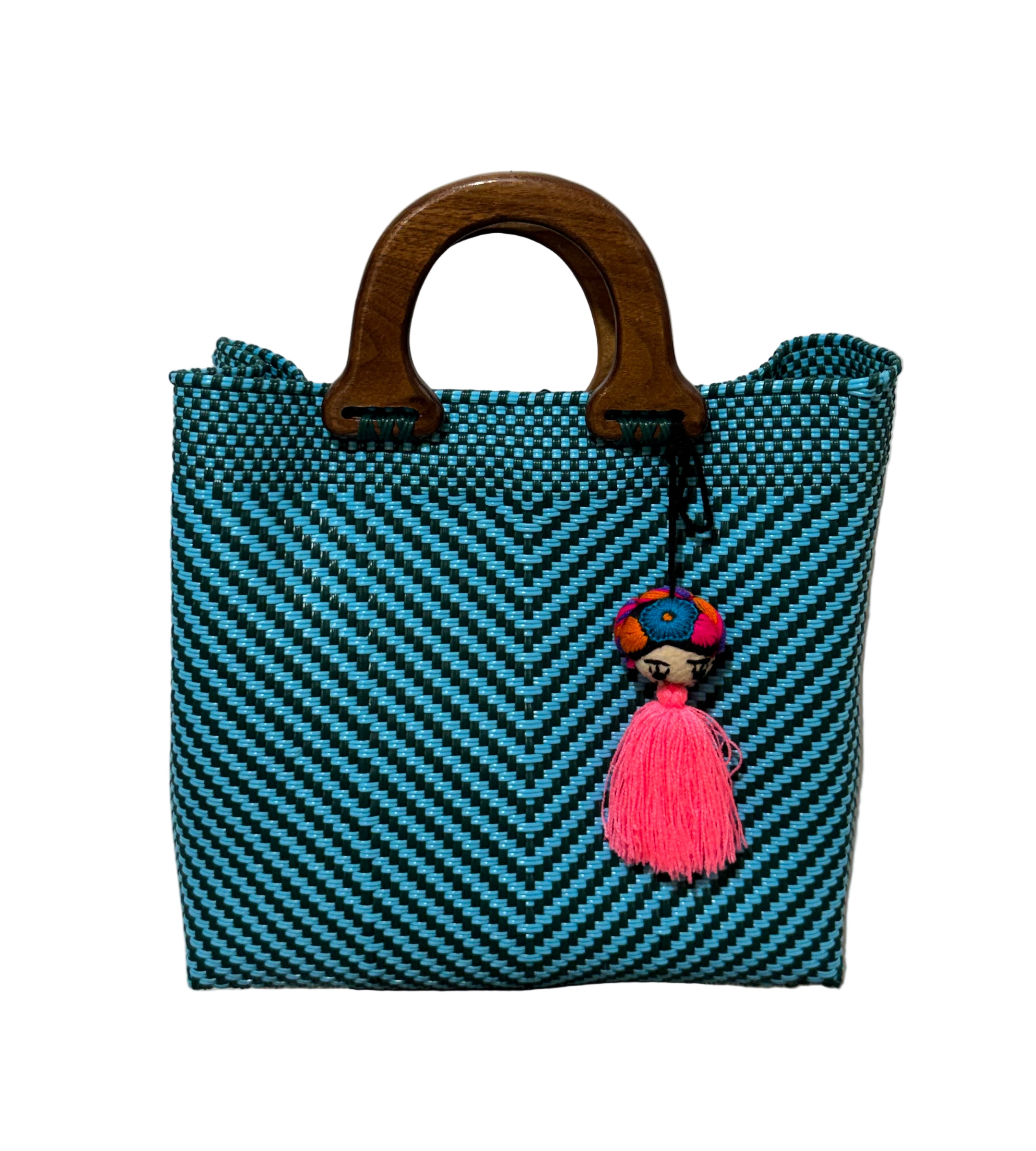 Bolso oaxaqueño 100% artesanal tejido a mano con hilo reciclado y asa de madera fina. Talla grande.