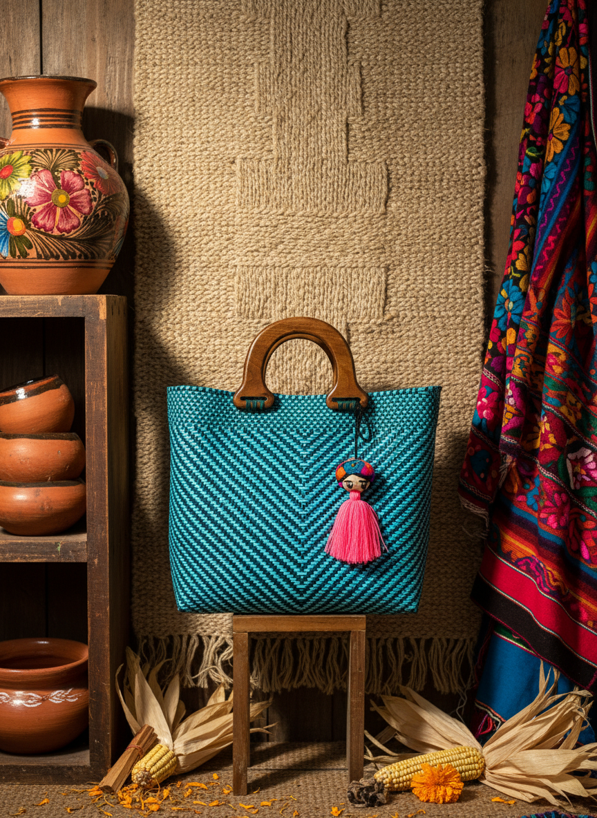 Bolso oaxaqueño 100% artesanal tejido a mano con hilo reciclado y asa de madera fina. Talla grande.