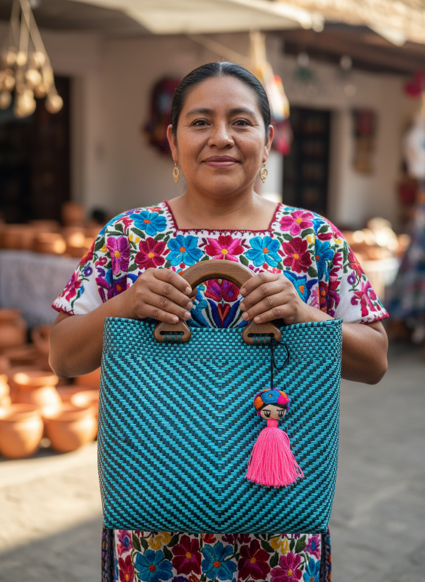 Bolso oaxaqueño 100% artesanal tejido a mano con hilo reciclado y asa de madera fina. Talla grande.