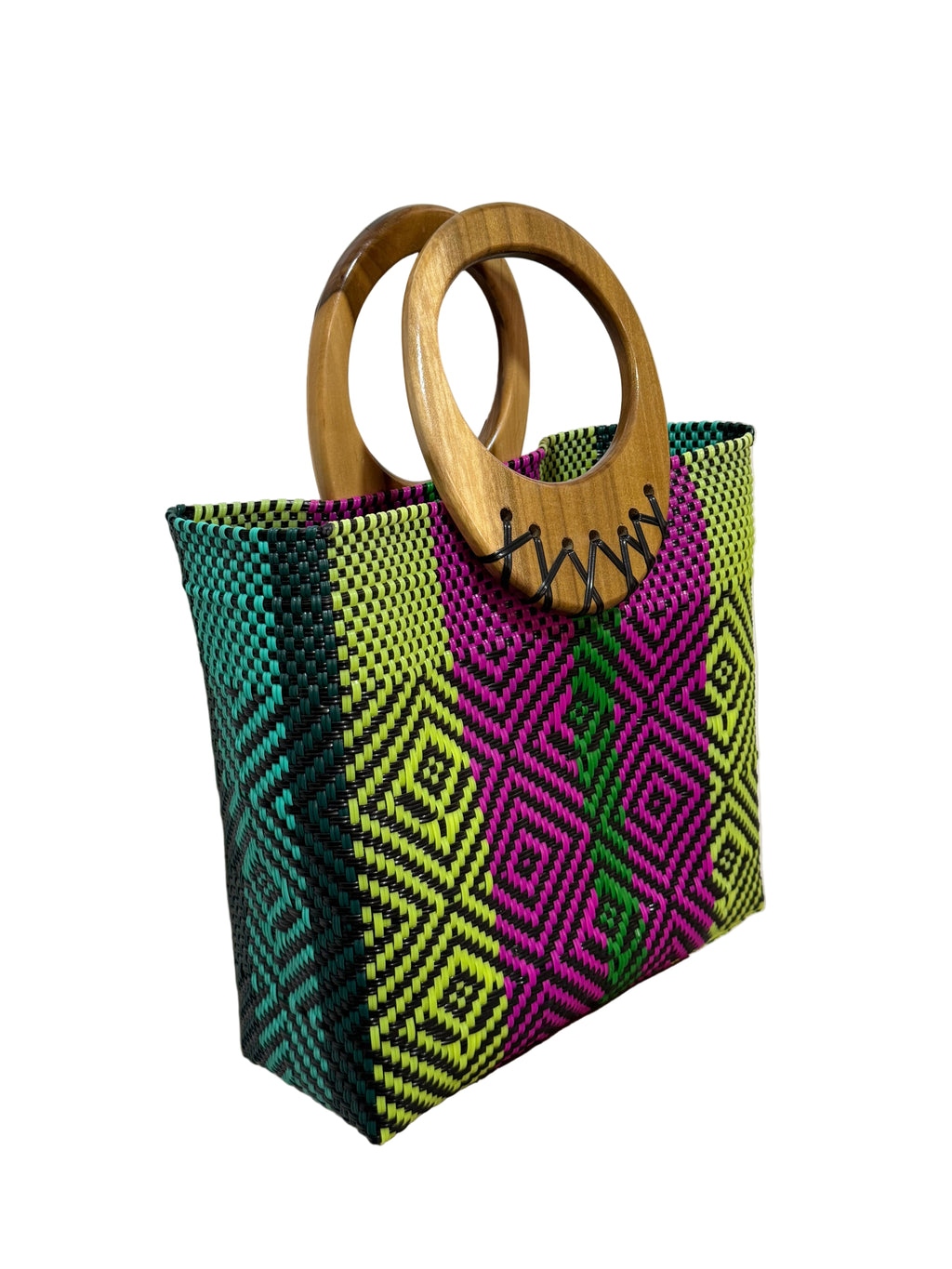Bolso 100% artesanal oaxaqueño talla grande, tejido a mano con hilo reciclado y asa de madera fina.