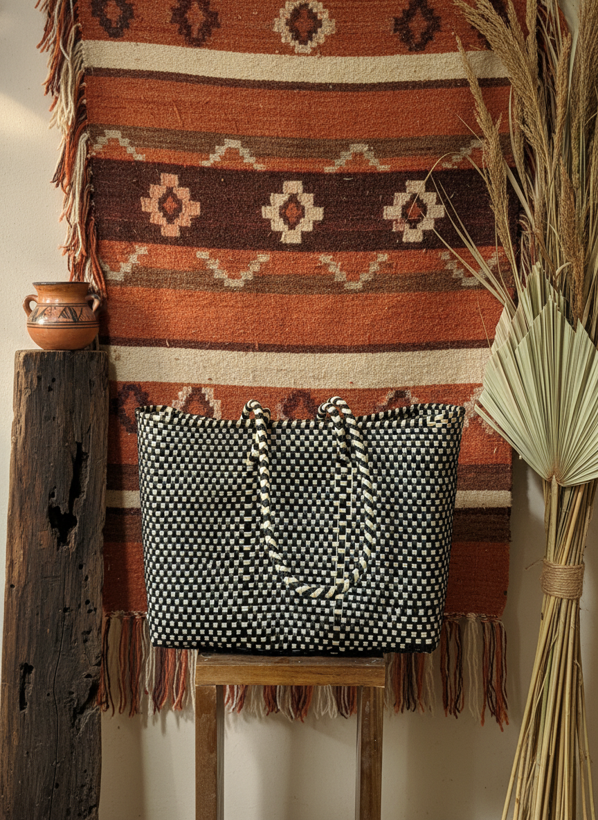 Bolso artesanal 100% oaxaqueño tejido a mano con hilo de plástico reciclado.