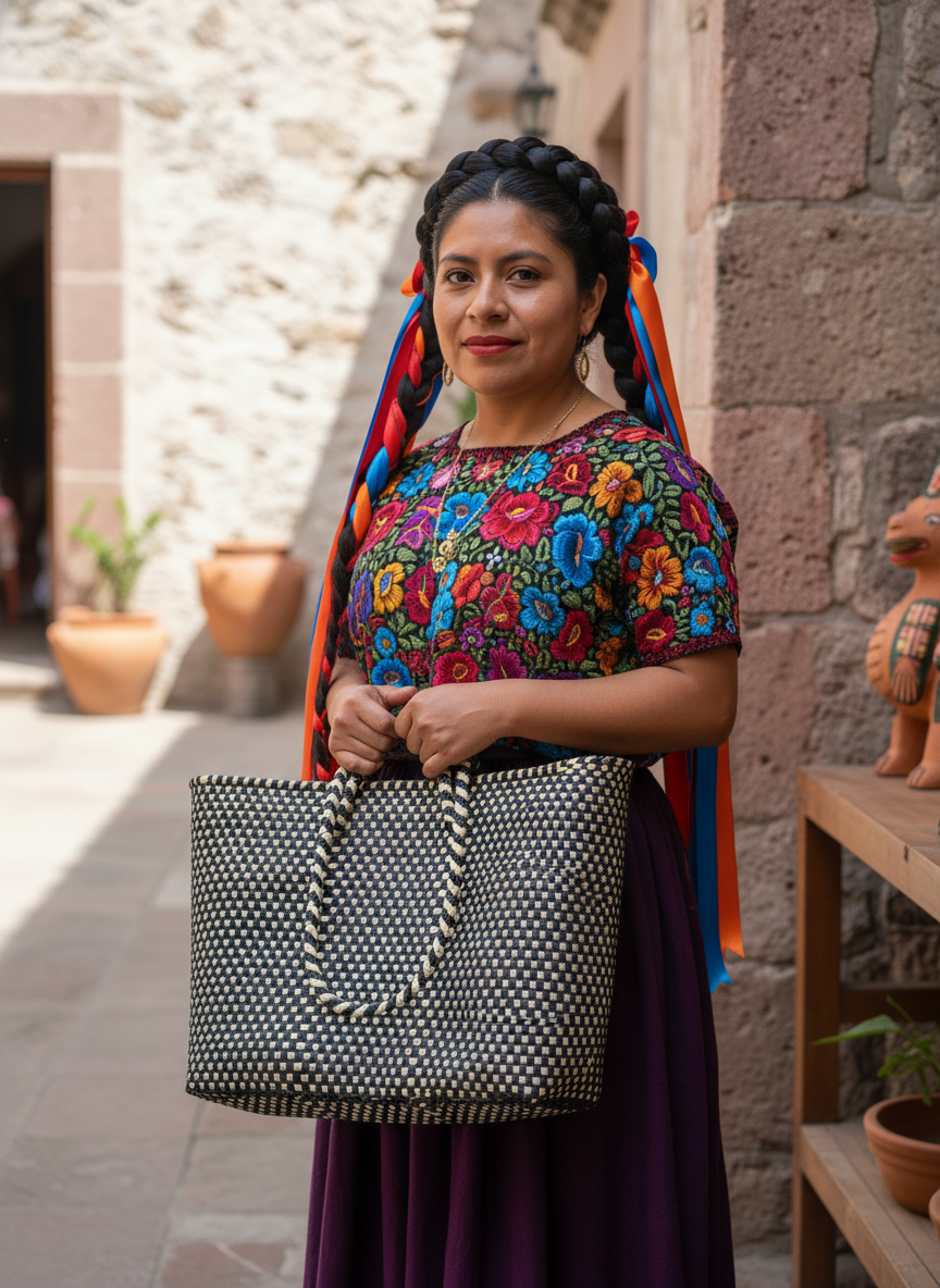 Bolso artesanal 100% oaxaqueño tejido a mano con hilo de plástico reciclado.