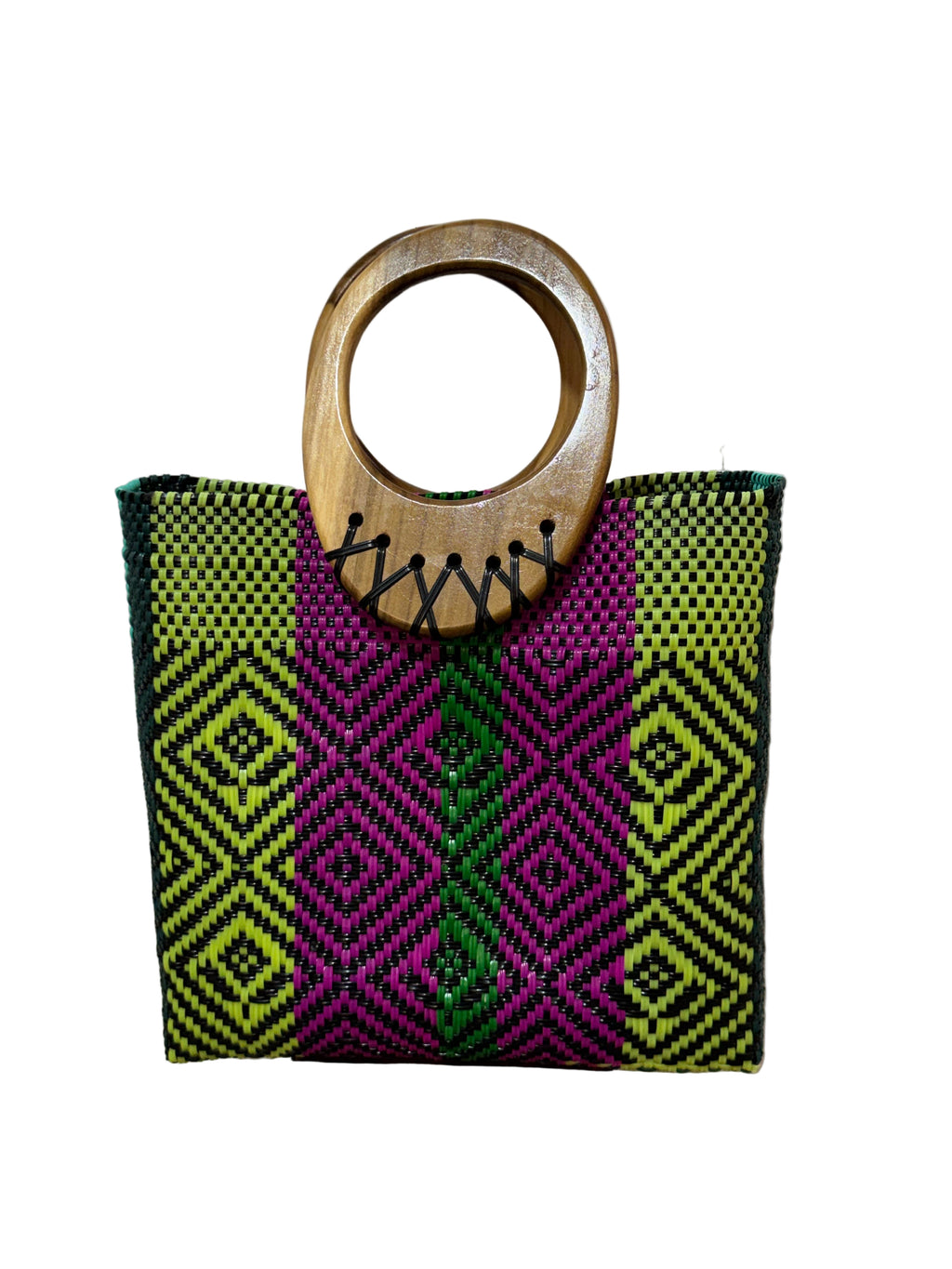 Bolso 100% artesanal oaxaqueño talla grande, tejido a mano con hilo reciclado y asa de madera fina.
