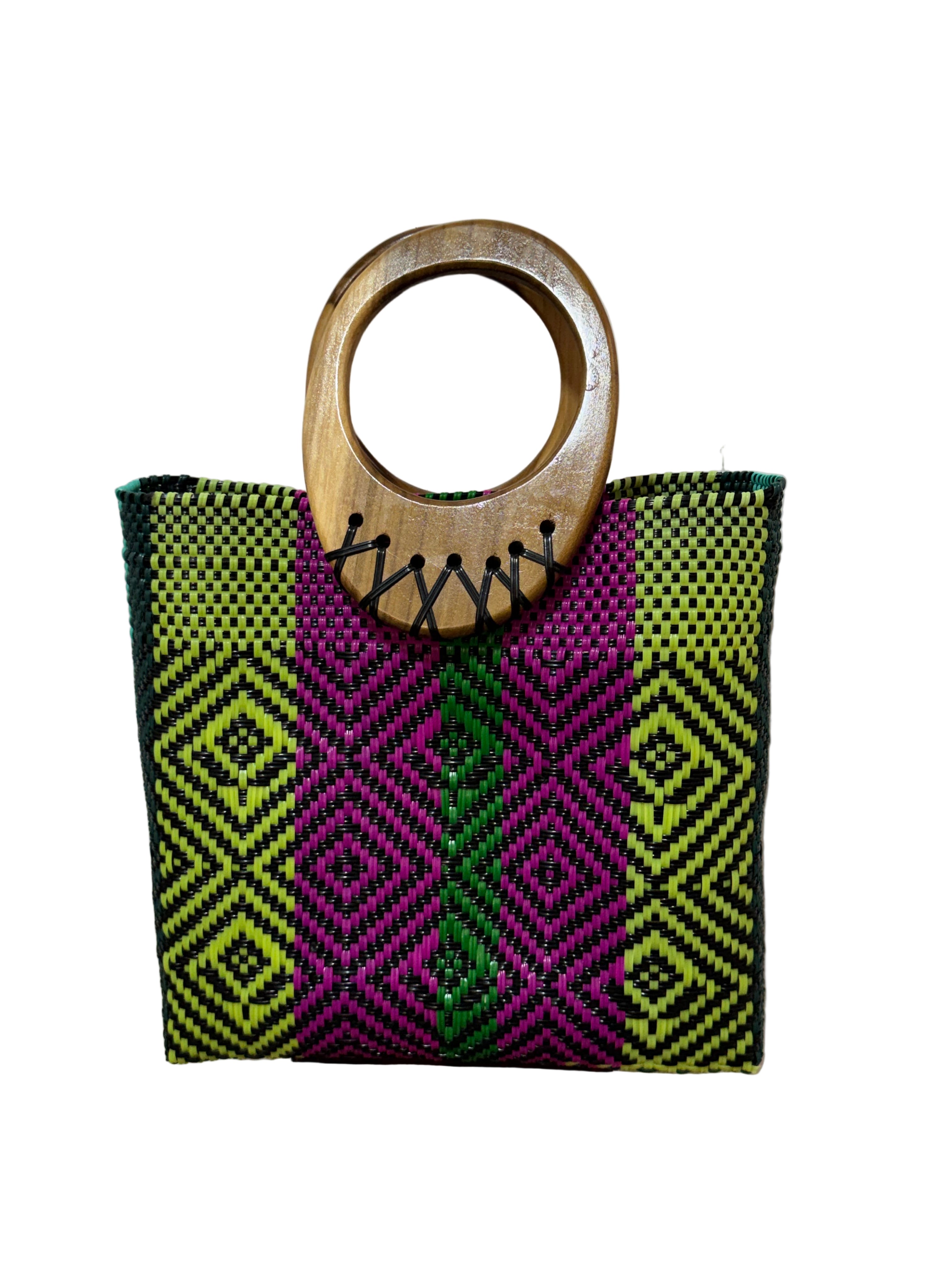 Bolso 100% artesanal oaxaqueño talla grande, tejido a mano con hilo reciclado y asa de madera fina.