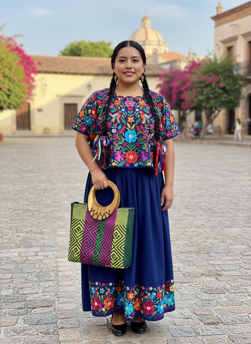 Bolso 100% artesanal oaxaqueño talla grande, tejido a mano con hilo reciclado y asa de madera fina.