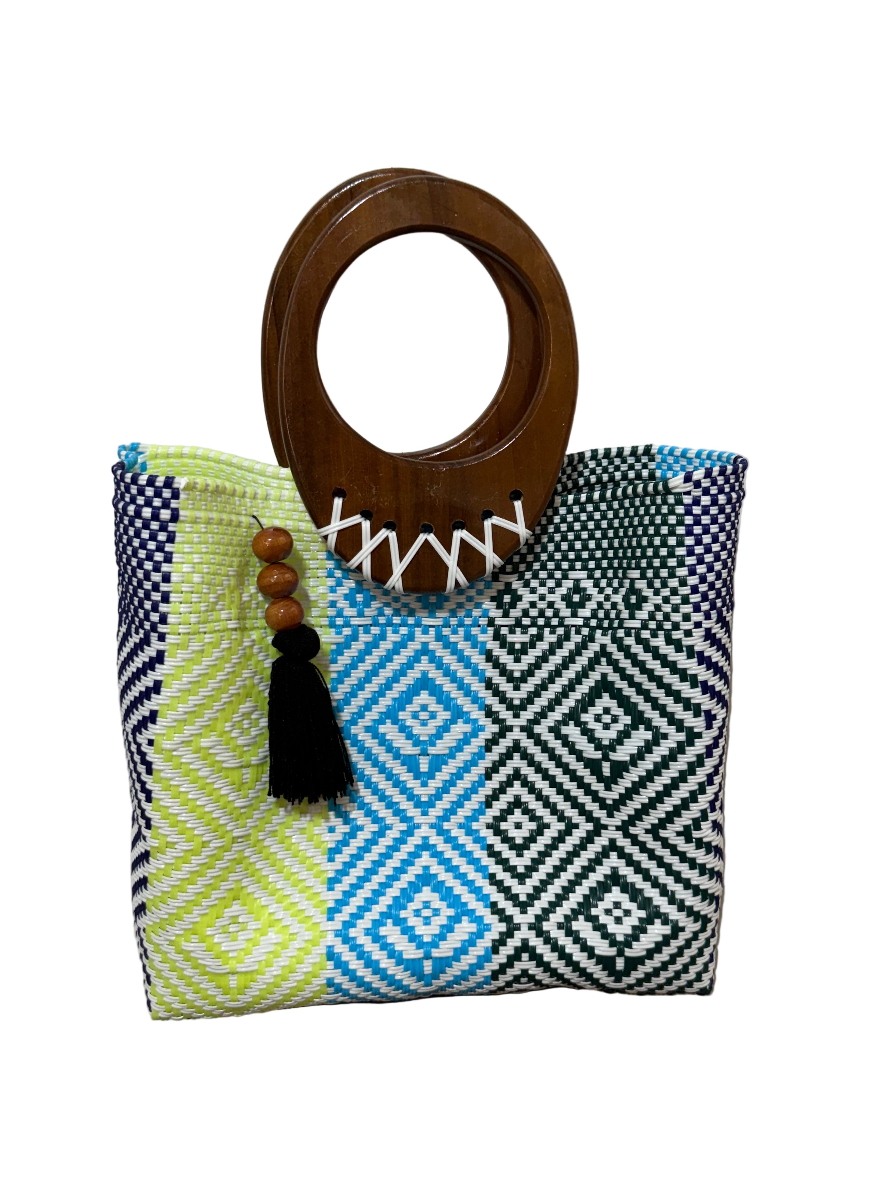 Bolso 100% oaxaqueño artesanal tejido a mano con hilo de plástico, con asa de madera fina. Talla grande.