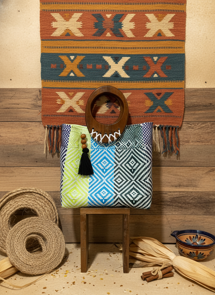 Bolso 100% oaxaqueño artesanal tejido a mano con hilo de plástico, con asa de madera fina. Talla grande.