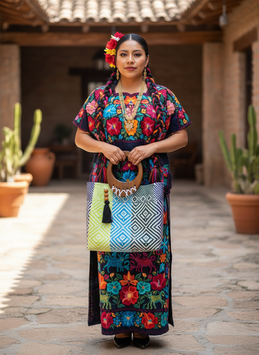 Bolso 100% oaxaqueño artesanal tejido a mano con hilo de plástico, con asa de madera fina. Talla grande.